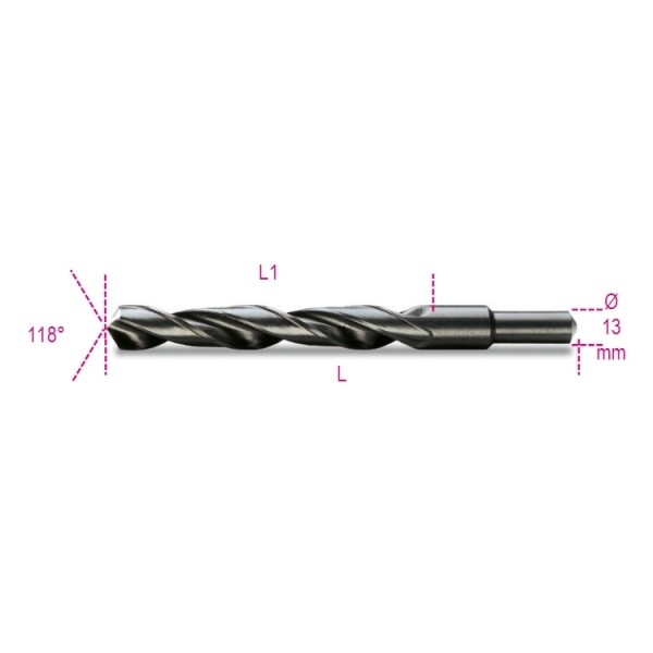 Punte elicoidali cilindriche serie corta in acciaio HSS rullate brunite con codolo ridotto di 13mm